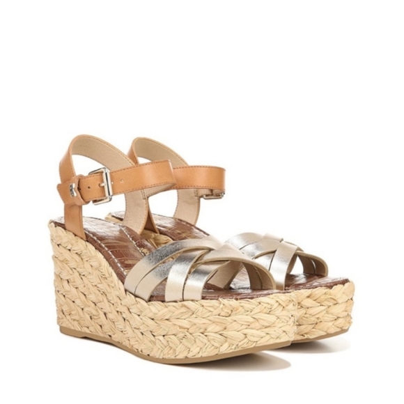New! SAM EDELMAN Darline Gold Leather Espadrilles Wedge Sandals Heel Size 9.5 - Picture 4 of 16